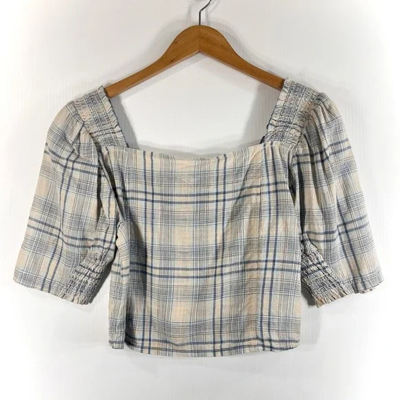 Oak + Fort Plaid Cropped Top Size M Cotton Puff Sleeve Blue Summer Western *READ - Picture 1 of 9
